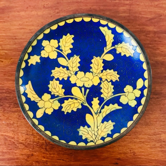Vintage yellow blue & green floral cloisonné dish - Picture 3 of 8